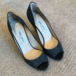 Jimmy Choo blue sparkle black wedge shoe